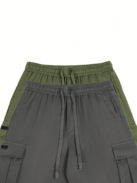 2pcs Men'S Cargo Shorts, Drawstring Waist Multi-Pocket Men'S Shorts