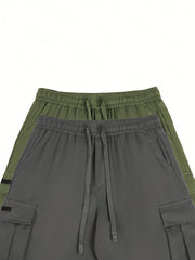 2pcs Men'S Cargo Shorts, Drawstring Waist Multi-Pocket Men'S Shorts