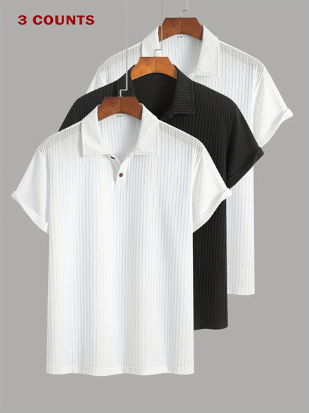 3pcs Set of Summer Casual Sporty Jacquard Knit Short-Sleeve Polo Shirts, 3pcs Jacquard Texture Short-Sleeve Polo Tops