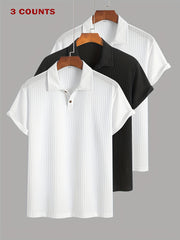 3pcs Set of Summer Casual Sporty Jacquard Knit Short-Sleeve Polo Shirts, 3pcs Jacquard Texture Short-Sleeve Polo Tops