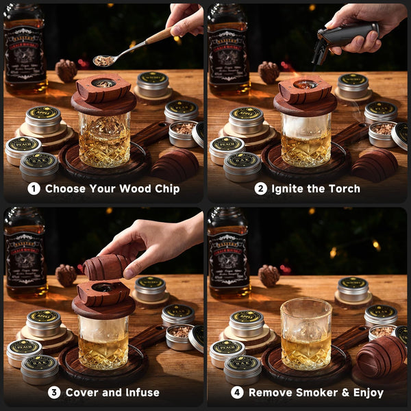 Whiskey Smoker Kit with Torch - 6 Flavors Wood Chips, 2 Glasses, 2 Ice Ball Molds - Cocktail Smoker Infuser Kit, Old Fashioned Drink Smoker Kit, Birthday Bourbon Gifts for Men,Dad(No Butane)