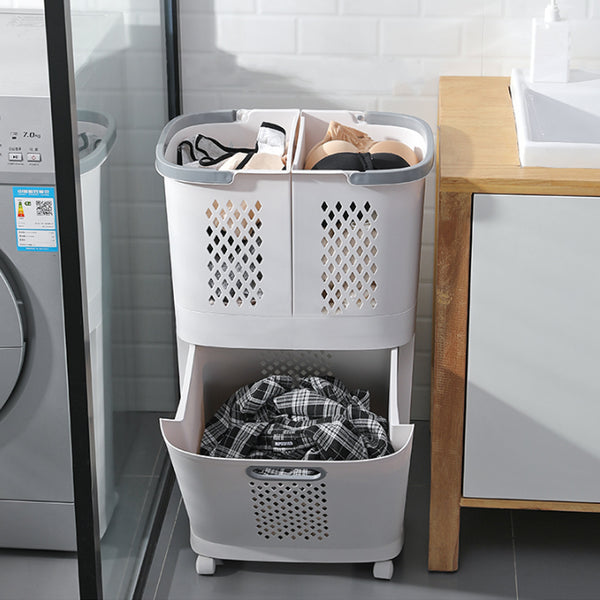1pc, White Two-Layer, Bathroom Dirty Clothes Sorting And Storage Basket, Household Multi-Purpose Laundry Changing And Storage Basket, Upper Compartment Dirty Clothes Basket, Fruit, Vegetable, Snack And Toy Storage Basket, Large Capacity Space Saving, Non