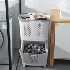 1pc, White Two-Layer, Bathroom Dirty Clothes Sorting And Storage Basket, Household Multi-Purpose Laundry Changing And Storage Basket, Upper Compartment Dirty Clothes Basket, Fruit, Vegetable, Snack And Toy Storage Basket, Large Capacity Space Saving, Non