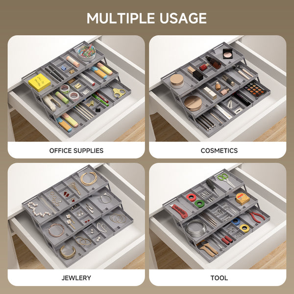 Dining Set Drawer Organizer Box, Collapsible Drawer Organizer 3 Tiers 3 Tray Folding Portable Expandable Desk Organizer Trays for Office Supplies Kitchen Gadgets Utensils Jewelry Makeup