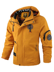 Multiple Pocket Design Men's Embroidery Long Sleeve Zip Up Drawstring Hooded Jacket, Men's Stand Collar Thin Jacket for Spring Outdoor