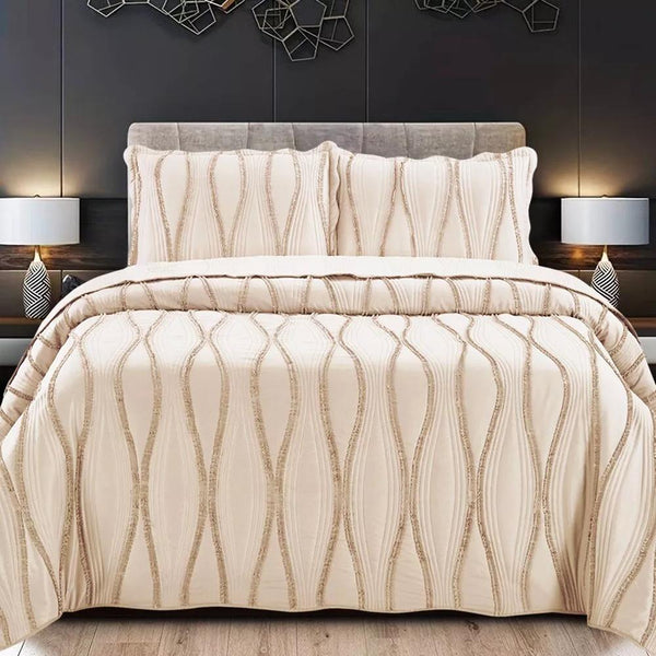 Luxury 3-Piece Embossed Quilted Bedspread Set – Super Soft All-Season Microfiber Comforter with Matching Pillow Shams, Elegant Wave Design, Bed Throw Single Double King Size, Lightweight Yet Warm Modern Bedding Set, Ideal for Modern or Traditional Homes