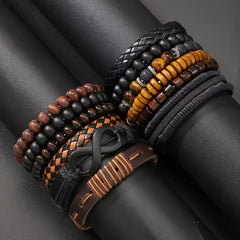 12pcs Men'S Bohemian Vintage Bracelet Set| Faux Leather Woven with Tiger Eye& Moonstone Beads| Multi-Layer Stackable Design| Casual& Party Jewelry| Trendy Boho Chic Accessories, Casual Attire, Gift for Men, Bohemian Style, Handcrafted Bracelets