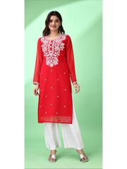 Estationeryhouse Women's Georgette Lucknowi chikankari kurti, Rose Design with Heavy Embroidery, Without Bottom