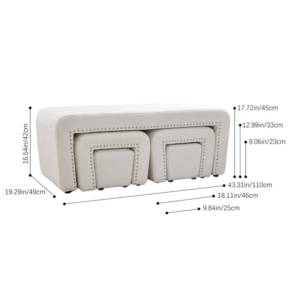 Boucle Fabric Bed End Stool 5-piece Set, Leisure Changing Shoes Stool, 5 Combination Stools, Sofa Footrest, Soft and Comfortable Bedside Bench, Suitable for Living Room Bedroom Rest Room