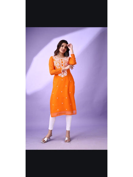 Estationeryhouse Women's Georgette Lucknowi chikankari kurti, Rose Design with Heavy Embroidery, Without Bottom