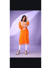 Estationeryhouse Women's Georgette Lucknowi chikankari kurti, Rose Design with Heavy Embroidery, Without Bottom