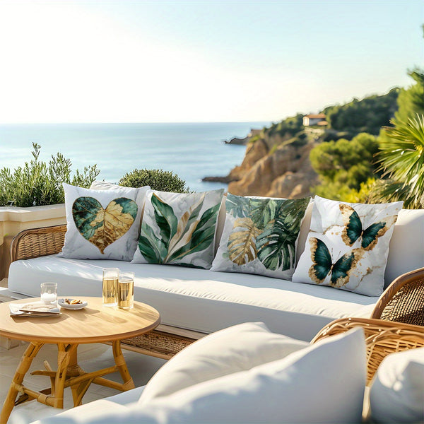 4pcs Green & Golden Leaf & Butterfly Print Cushion Covers