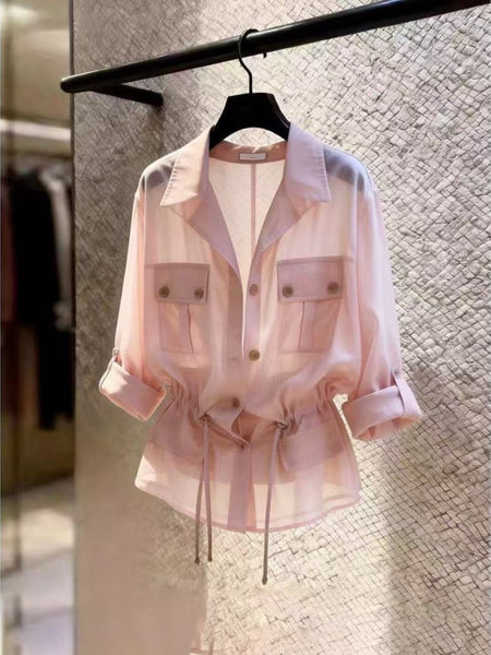 Fashionable Workwear-Style Shirt: Long-Sleeved, Loose-Fitting, New Summer Style,, Waist-Defining, Versatile