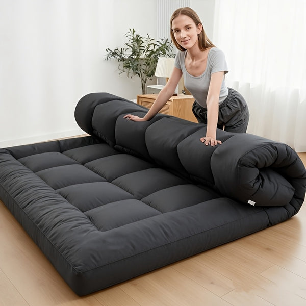 Japanese Floor Futon Mattress, 1000GSM Mattress Topper, 10cm Thicken Tatami Sleeping Pad Foldable Roll Up Dormitory Mat Pad Floor Lounger Pillow Bed, White Grey, Black, Blue
