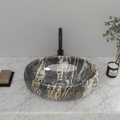 1pc Countertop Bathroom Sink, Black Marble Texture Oval Ceramic Wash Basin, Porcelain Ceramic Vessel Vanity Sink for Vanity Cabinet Cloakroom, Laundry Room, Bathroom, Washroom, 48x34x14cm