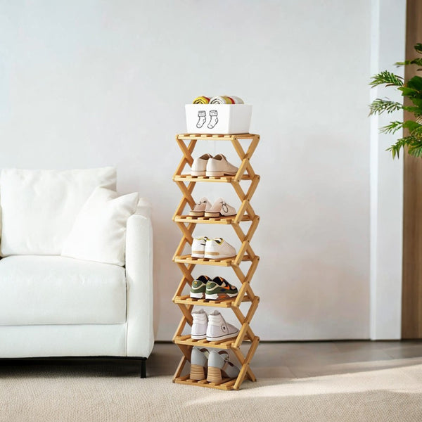 4/5/6/7 Tiers Bamboo Wooden Shoe Rack, Vertical Shoe Racks Storage Shelves Tall Shoe Tower, Collapsible Narrow Shoe Stand, Installation Free Folding X-Shape Shoe Racks Sneakers Slippers Holder Organizer, Multi Functional Shoe Rack Durable Footwear Cabinet