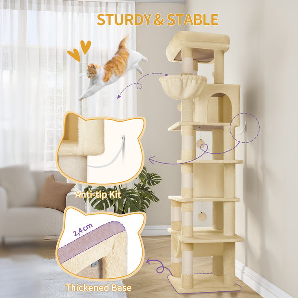 170cm Large Cat Tree, Cat Tower for Maine Cat, Multi-Storey Scratching Post with Large Perch, Washable Mat, Cat House Furniture with 2 Caves, 8 Scratching Posts, Light Grey, Dark Grey
