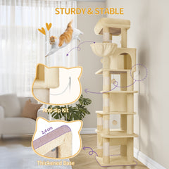 170cm Large Cat Tree, Cat Tower for Maine Cat, Multi-Storey Scratching Post with Large Perch, Washable Mat, Cat House Furniture with 2 Caves, 8 Scratching Posts, Light Grey, Dark Grey