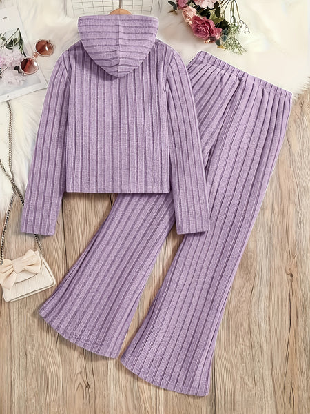 A Set of Women's Ribbed Letter Applique Hoodie and Flared Pants