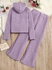 A Set of Women's Ribbed Letter Applique Hoodie and Flared Pants