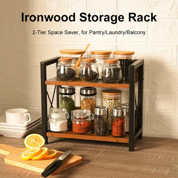 2 Tier Wooden Spice Rack, Kitchen Counter Organiser for Spices, Oil Bottles, Coffee Storage, Rustic Design with Stable Structure, Quick Assembly, Versatile for Home and Office Use