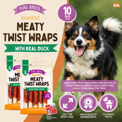 Pure Breed 10 Pack Meat Wrapped Rawhide Dog Treats | Duck Chews for Dogs | High-Protein & Low-Fat Natural Dog Chew Sticks | Long-Lasting Rawhide Twists for Small & Large Breeds | Promotes Healthy Teeth & Great for Training, Rewards, and Chewing Satisfacti