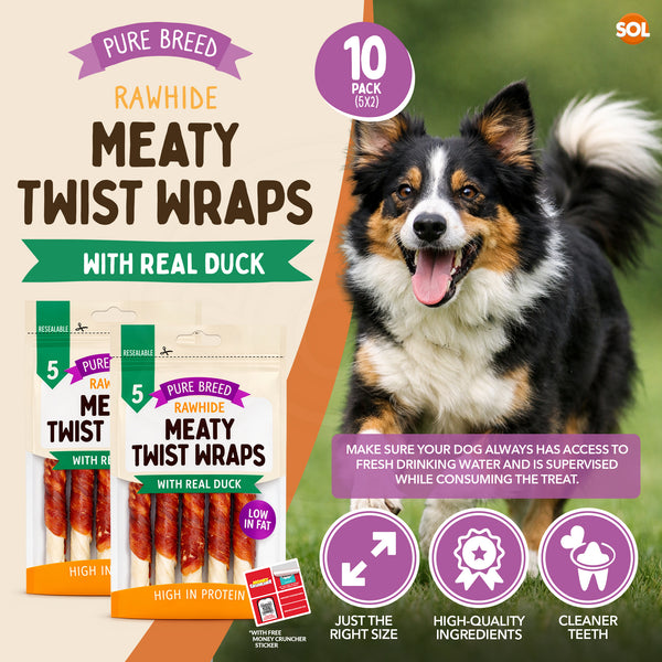 Pure Breed 10 Pack Meat Wrapped Rawhide Dog Treats | Duck Chews for Dogs | High-Protein & Low-Fat Natural Dog Chew Sticks | Long-Lasting Rawhide Twists for Small & Large Breeds | Promotes Healthy Teeth & Great for Training, Rewards, and Chewing Satisfacti