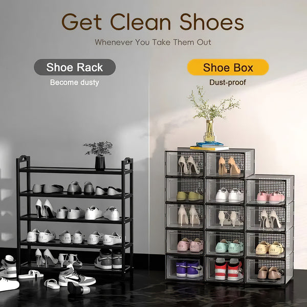 Pack of 12 Stackable Shoe Boxes Shoe Storage Organisers, Sturdy & Durable, Space Saving, Shoe Organizer Containers with Lids for Women/Men, Ideal for Entryway, Closet, Living Room, Bedroom, Office, Dorm, Fit Up To UK Size 9.5, 23x33x14cm