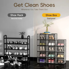 Pack of 12 Stackable Shoe Boxes Shoe Storage Organisers, Sturdy & Durable, Space Saving, Shoe Organizer Containers with Lids for Women/Men, Ideal for Entryway, Closet, Living Room, Bedroom, Office, Dorm, Fit Up To UK Size 9.5, 23x33x14cm