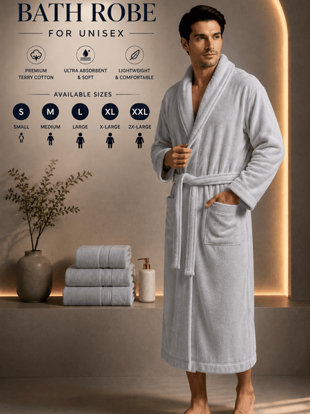 Unisex Terry Towelling Bathrobe with Shawl Collar, Soft Cotton Robe with Belt & Pockets, Comfortable Dressing Gown for Men & Women, S-XXL