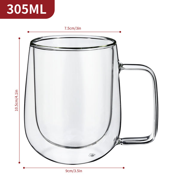 Vinsani Double Walled Coffee Drink Glasses Tea Cup Mug Heat Cold Resistant Aesthetic Clear Borosilicate Glass with Handle Cappuccino Latte Tea Dessert Hot and Cold Drinks