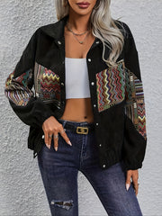 Pieced Ethnic Style Long Sleeve Flap Collar Casual Jacket for Women