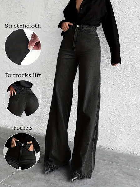 High-Waisted Mid-Blue Stretchy Denim Slightly Flared Pants That Enhance The Buttocks And Create a Effect in a European Style