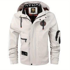 Multiple Pocket Design Men's Embroidery Long Sleeve Zip Up Drawstring Hooded Jacket, Men's Stand Collar Thin Jacket for Spring Outdoor