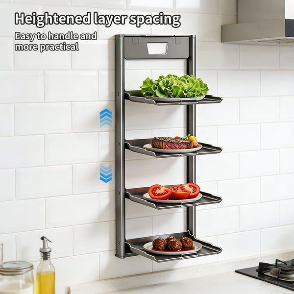 4-Tier Foldable Wall-Mounted Kitchen Prep Station & Space-Saving Shelf - Heavy-Duty Carbon Floating Shelves with Suction Cup Mount Suitable for Home & Restaurant Use, Foldable Organizer for Spice Rack, Dish Drying & Vegetable Prep