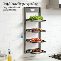 4-Tier Foldable Wall-Mounted Kitchen Prep Station & Space-Saving Shelf - Heavy-Duty Carbon Floating Shelves with Suction Cup Mount Suitable for Home & Restaurant Use, Foldable Organizer for Spice Rack, Dish Drying & Vegetable Prep