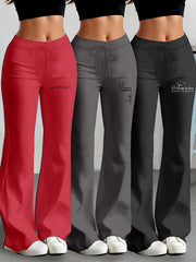 European and American Spring/Summer New Fashion Women's Bottoms: Flared Straight-Leg Pants with Classic English Text Print, Daily Casual Butt-Lifting Peach Butt Long Pants, Three-Piece Set