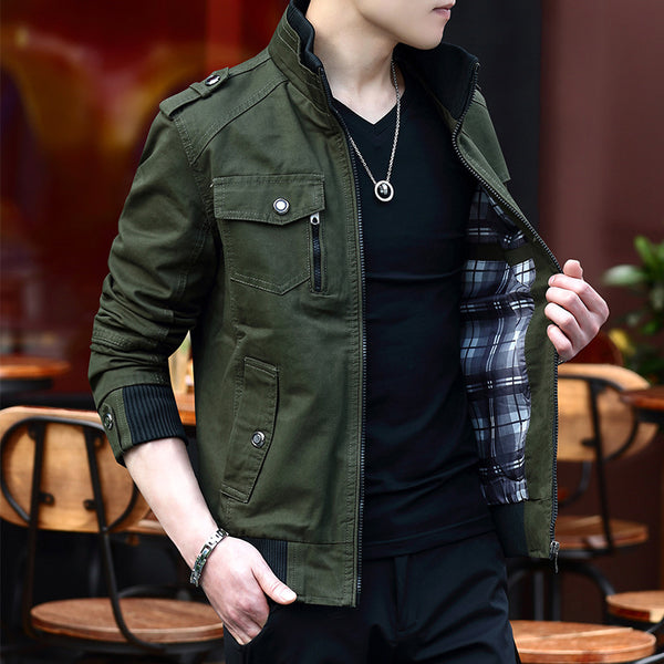 Men'S Solid Color Plaid Lining Cargo Jacket Autumn And Winter Multi-Pocket Design Stylish Long Sleeve Stand Collar Street Jacket Outdoor Coat Locomotive Jacket