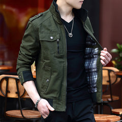 Men'S Solid Color Plaid Lining Cargo Jacket Autumn And Winter Multi-Pocket Design Stylish Long Sleeve Stand Collar Street Jacket Outdoor Coat Locomotive Jacket