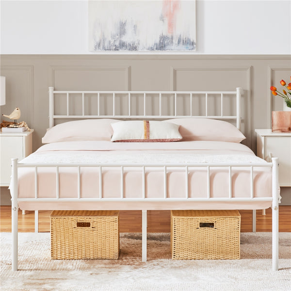 Costoffs Metal Bed Frame, Single/Double Size Bed Platform with Slatted Headboard and Footboard, Solid Slat Support, Large Storage Space, Easy Assembly Bed, Modern Mattress Foundation, Black/White/Pink/Silver