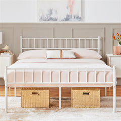 Costoffs Metal Bed Frame, Single/Double Size Bed Platform with Slatted Headboard and Footboard, Solid Slat Support, Large Storage Space, Easy Assembly Bed, Modern Mattress Foundation, Black/White/Pink/Silver