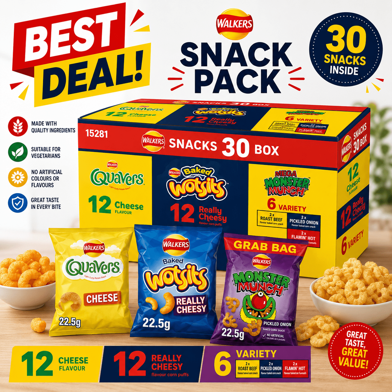 Walkers Yellow Snack – Quavers x 12, Baked Wotsits x 12 & Mega Monster Munch x 6 (30 Pack)