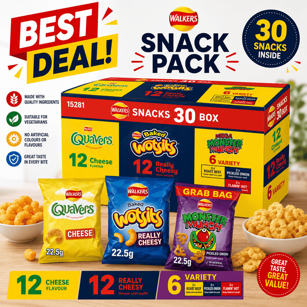 Walkers Yellow Snack – Quavers x 12, Baked Wotsits x 12 & Mega Monster Munch x 6 (30 Pack)