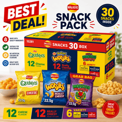 Walkers Yellow Snack – Quavers x 12, Baked Wotsits x 12 & Mega Monster Munch x 6 (30 Pack)