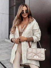Women's Warm Winter Coat, Hooded Jacket, Mid-Length with Pockets and Asymmetrical Hem Padded Coat