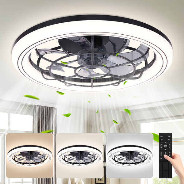 Modern 3-Color Temperature LED Ceiling Fan with Remote Control - Quiet Invisible Fan & Light, Semi-Flush Mount for Living Room, Bedroom, Dining Room - Energy Efficient Home Lighting, Bedroom Air Circulation, Sleek Light Fixture, Durable Plastic