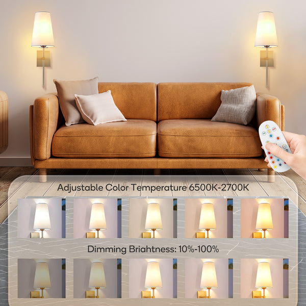 Wall lamp, LED wall lamp, dimmable wall lamp (non-hardwired fixture), controllable bulb, modern linen shade bedroom hallway wall lamp