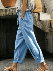 Women's Drawstring Waist Linen-Look Pants, Loose Casual Cropped Trousers with Pockets, Lightweight Summer Pants