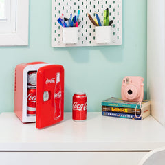 Coca Cola Classic Mini Fridge - Refrigerator for Bedroom Skincare Office, Portable Table Top Beverage Cooler, 12V DC/220V AC Refrigerador for Drinks, Soda, Wine, Use in Car, Dorm, Patio, 6 Can