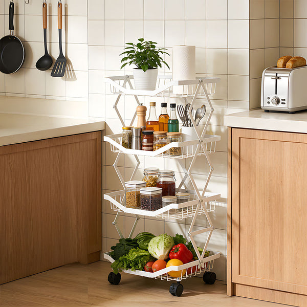 Foldable Kitchen Organizer Cart with 360° Rotating & Multi-Tier Shelves, Large Capacity Metal Vegetable Cart & Organiser - Portable, Space-Saving Storage for Pantry, Utility Room & Kitchen